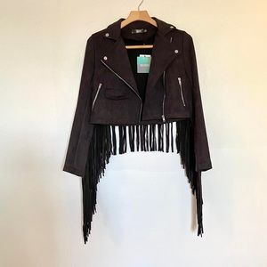 New with tags lightweight faux suede black fringe moto jacket